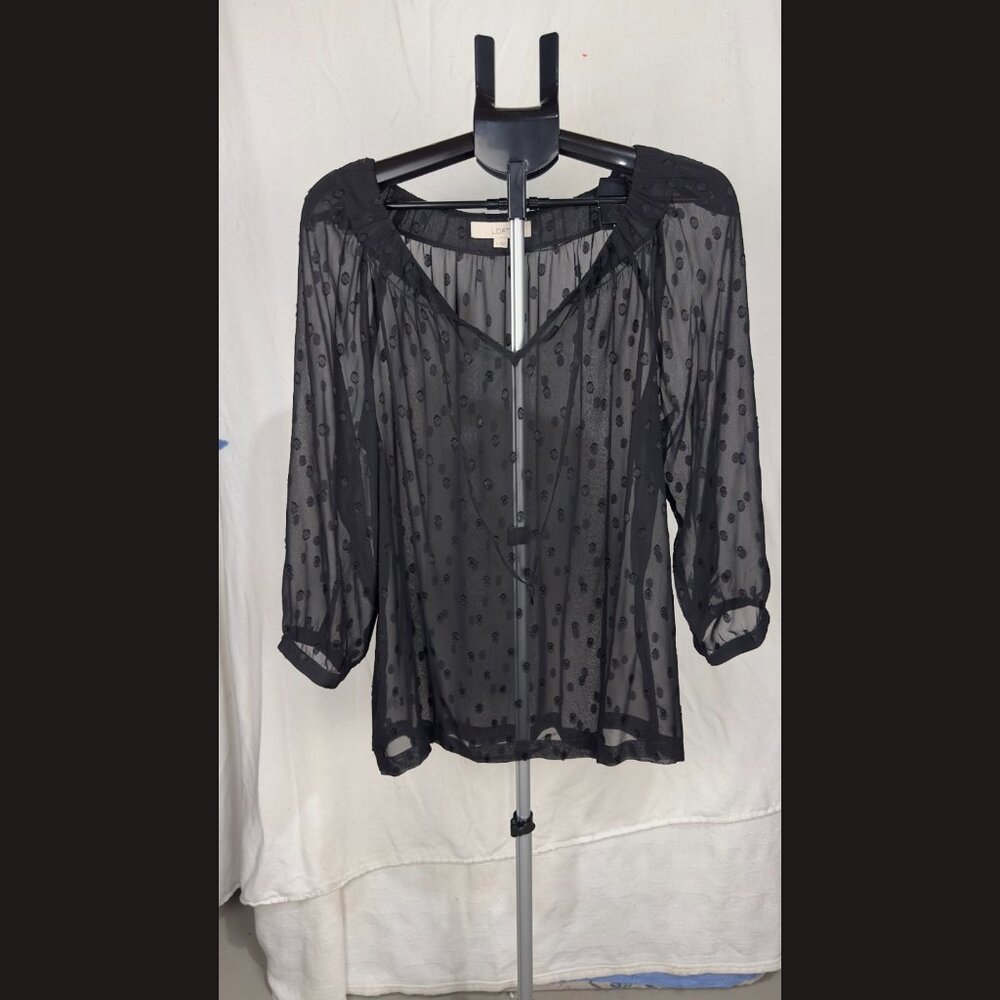 LOFT Women's Black Lace Sleeve Blouse Size L – Elegant & Versatile